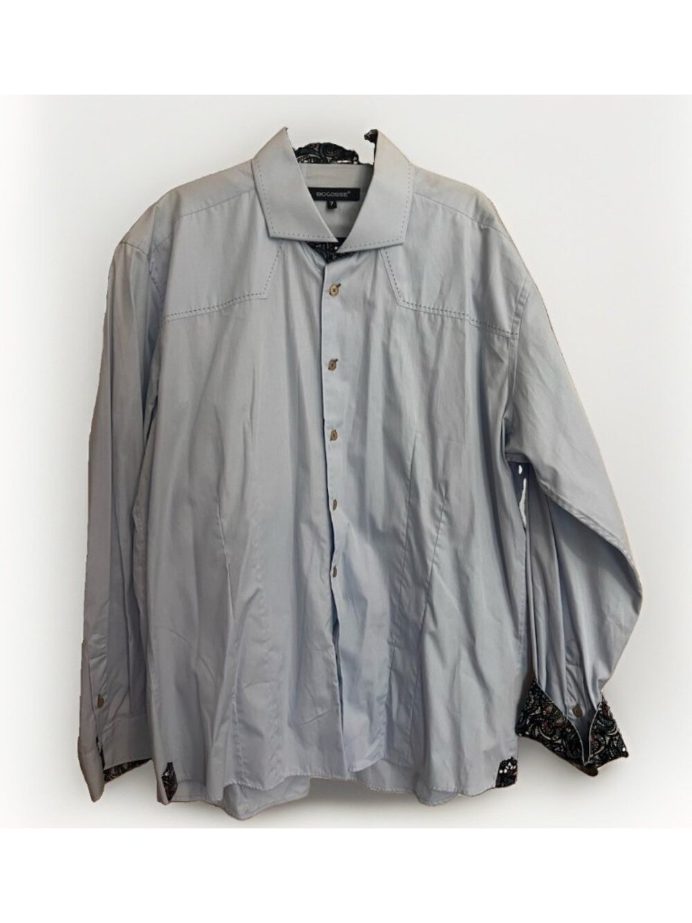 Bogosse men's long sleeve Flip Cuff Leather Tab Blue Aramis shirt Size 7 3XL. N